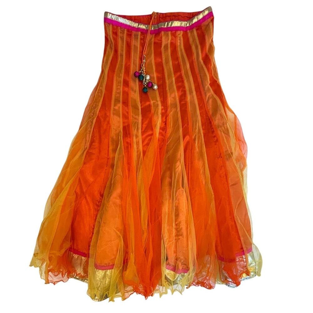 Indian Floral Tulle Maxi Skirt Orange & Yellow Net Lehenga Sz Large